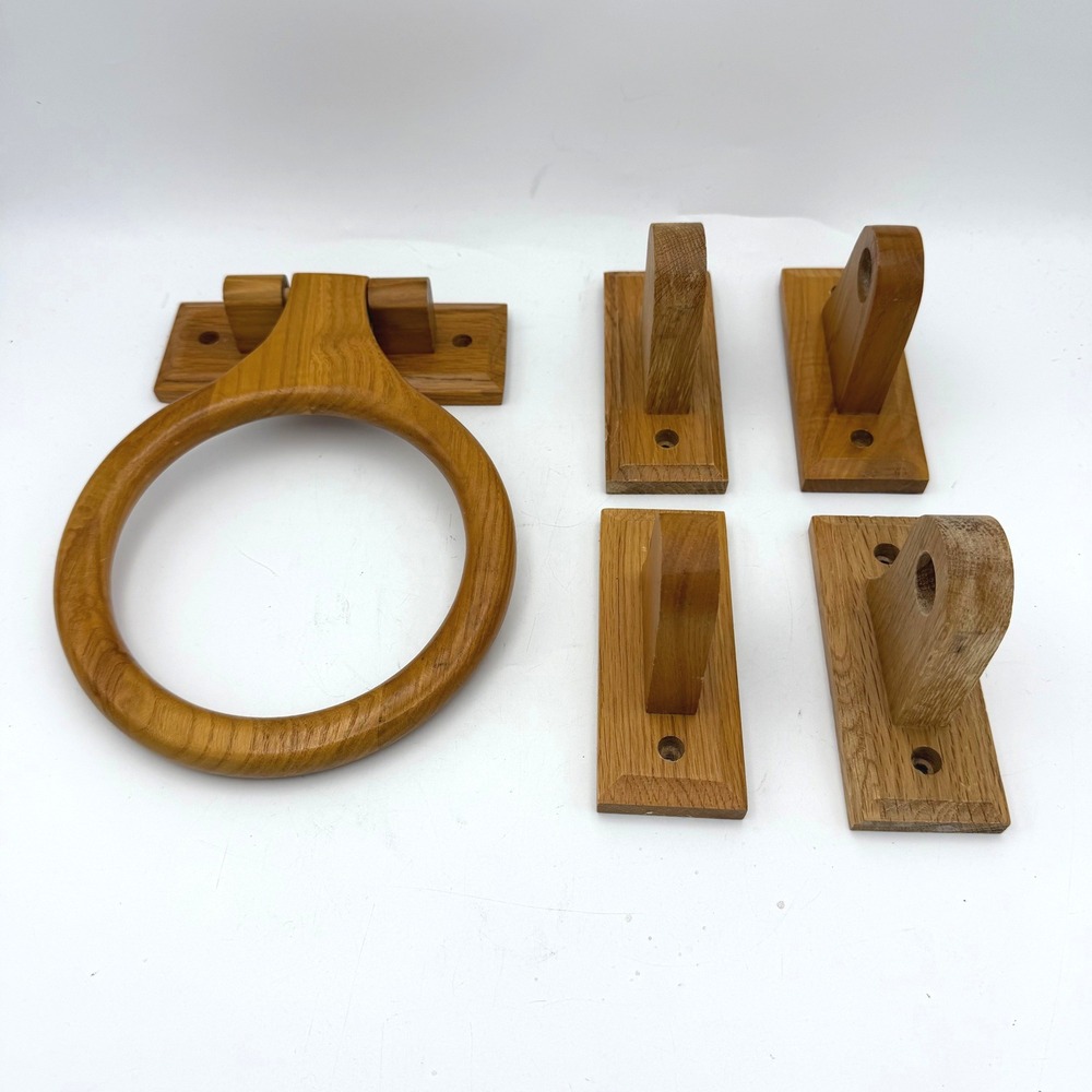 Vintage Towel Ring & Brackets Set Brown Oak‎ Wood Bathroom Hardware No Screws